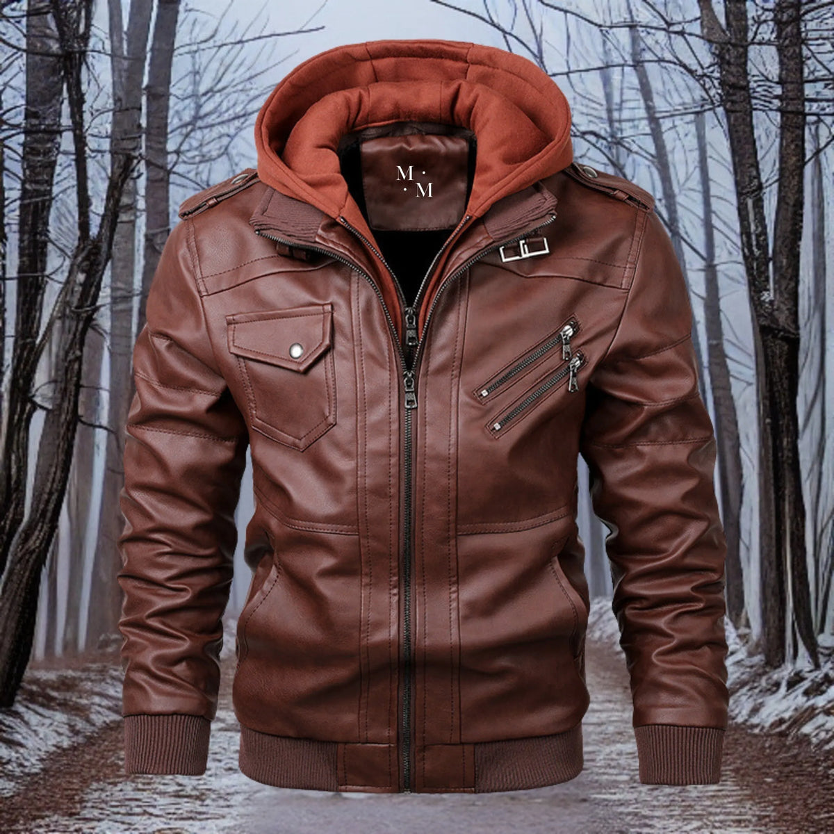 warme Lederjacke mit Kapuze