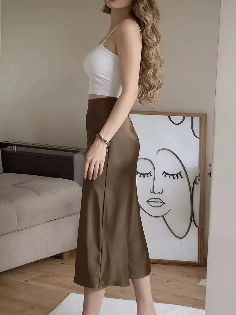 Satin Skirt for Women with High Split and Knot Details