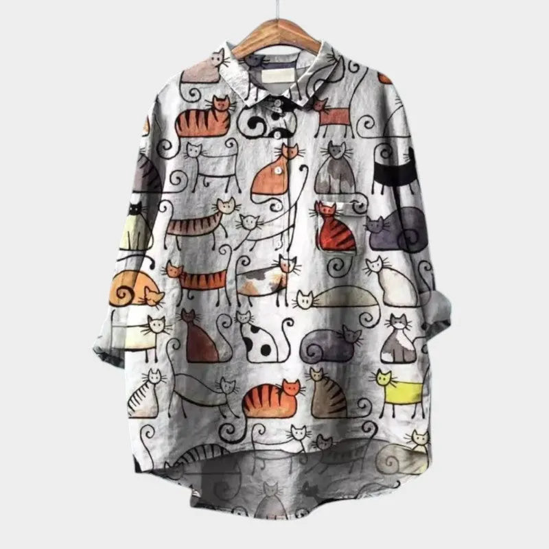 Luma | Oversize Bluse med Stiliserede Katte