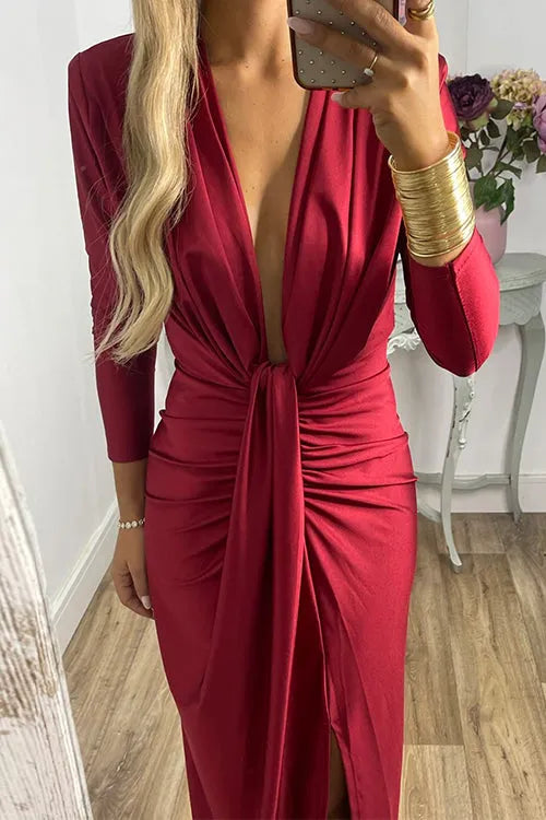 Deep V Neck Ruched Slit Maxi Bodycon Dress