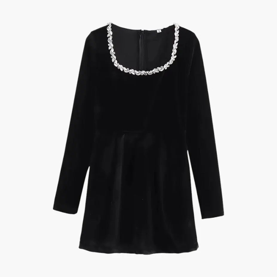 Women's Mini Dress with V-Neck and Pearl Detailing