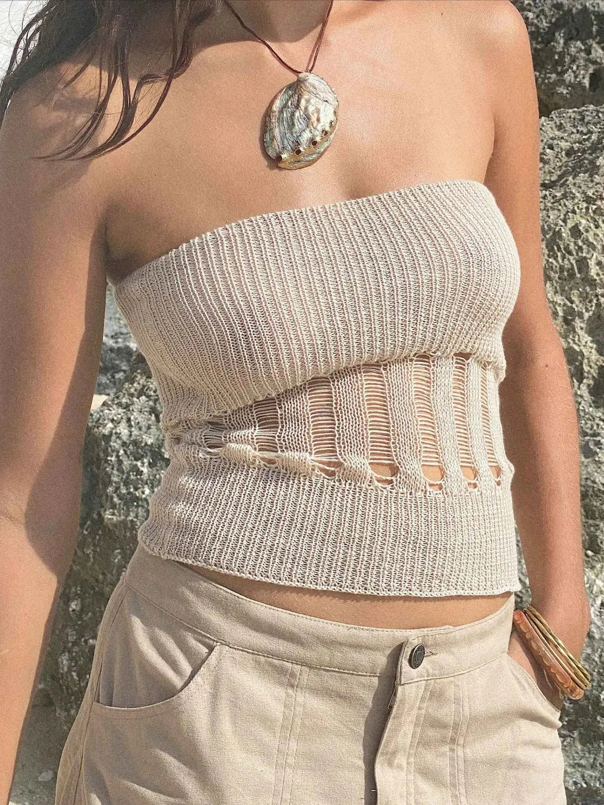 Openwork Knit Tube Top
