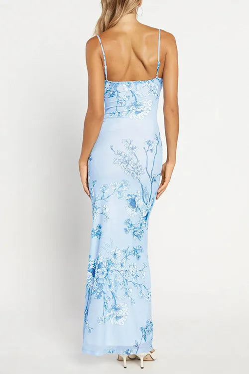 Spaghetti Strap V Neck Floral Print Bodycon Maxi Dress