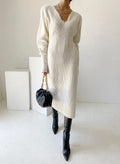Solid V Neck Midi Knitting Dress