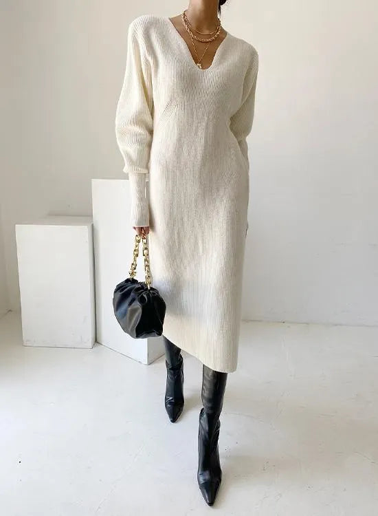 Solid V Neck Midi Knitting Dress