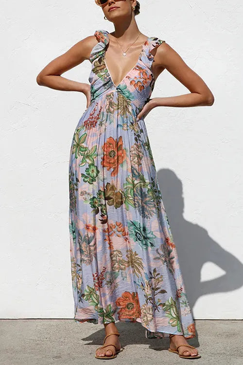 Sleeveless V Neck Floral Print Maxi Holiday Dress