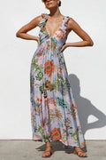 Sleeveless V Neck Floral Print Maxi Holiday Dress