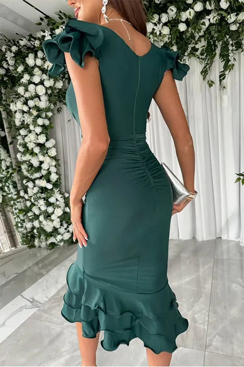 Mesh V Neck Ruched Ruffle Bodycon Midi Party Dress