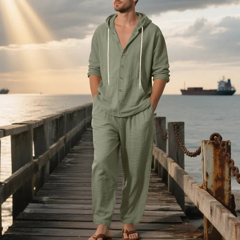 Herren nan legeres Leinen-Baumwoll-Ensemble mit Kapuzen-Oberteil und durchgehender Knopfleiste, Kängurutasche und knöchellanger weiter Hose