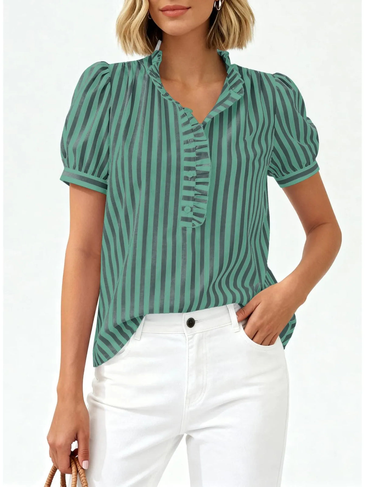 Frill Striped Puff Sleeve Blouse