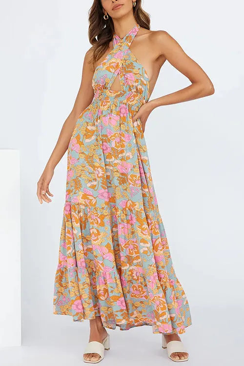 Criss Cross Halter Backless Cut Out Slit Floral Maxi Dress