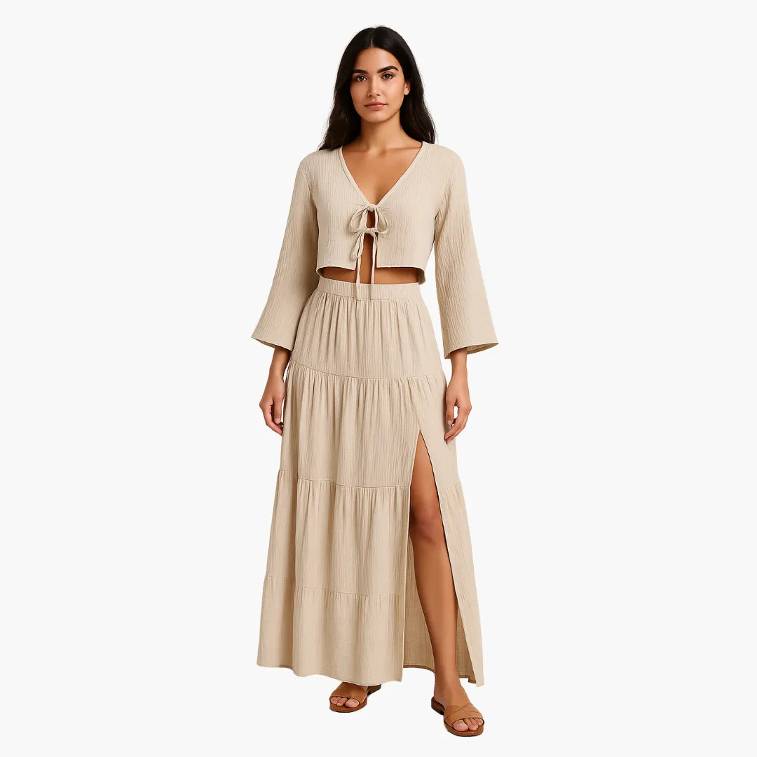 Womenâ€™s Two-Piece Set with Tie-Front Top and High-Slit Skirt