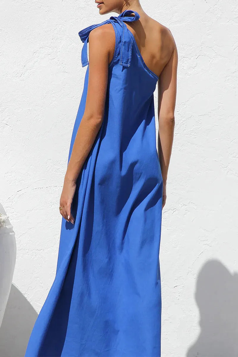 Casual Solid Color Lace Up Sloping Shoulder Irregular Dresses