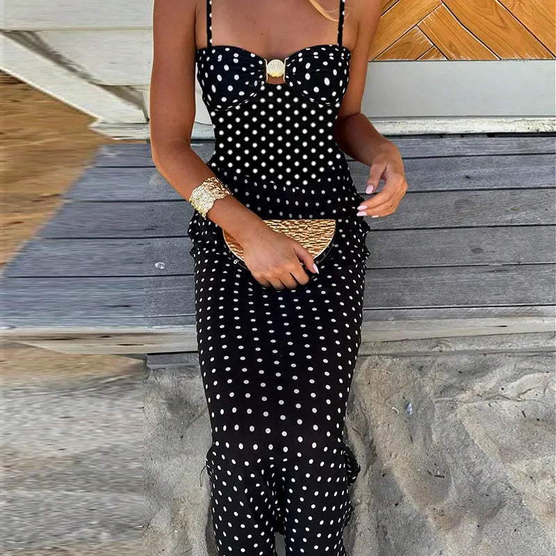 Robe longue Ã  bretelles et imprimÃ© Ã  pois ajourÃ©s