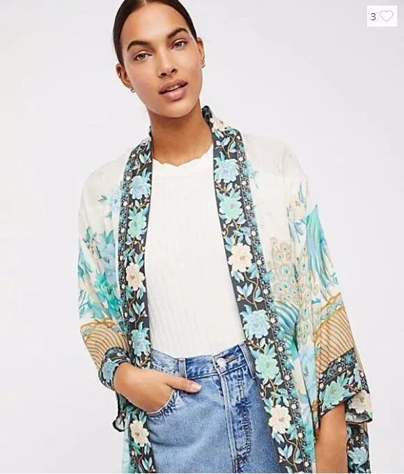 Bohemian Print Retro Loose Sleeves Tie Cardigan Kimono Sun Protection Shirt