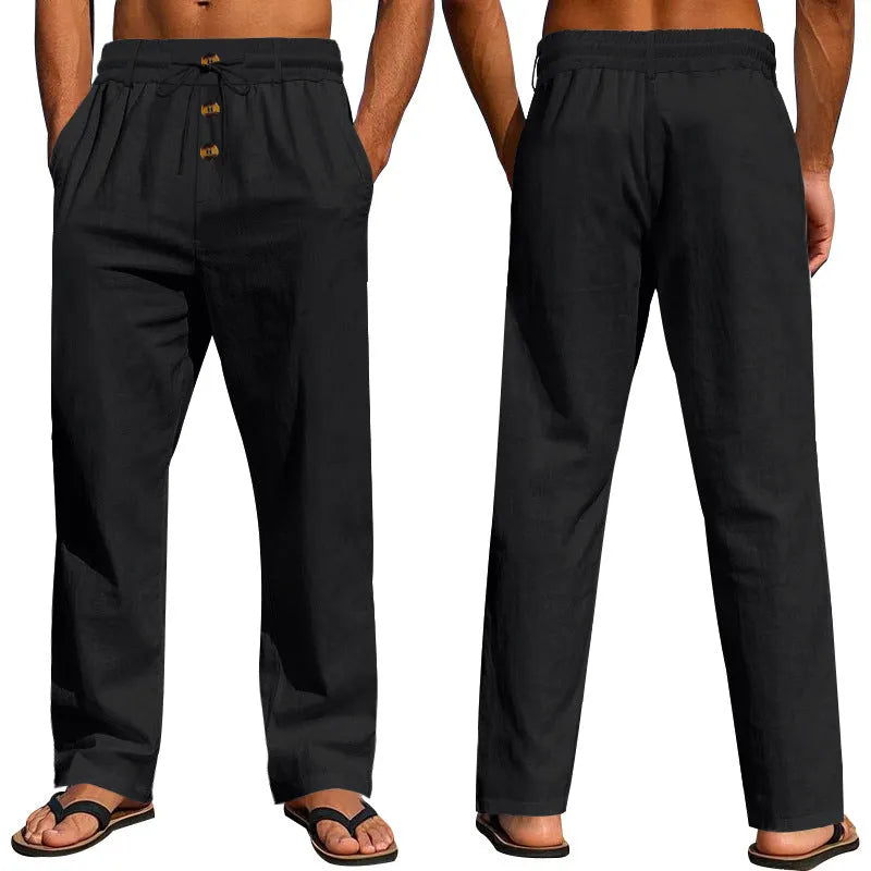 Herren Bequeme Leinenhose mit elastischem Bund und Knopfdetails