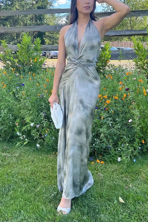 Halter Tie Knot Sleeveless Tie Dye Maxi Dress