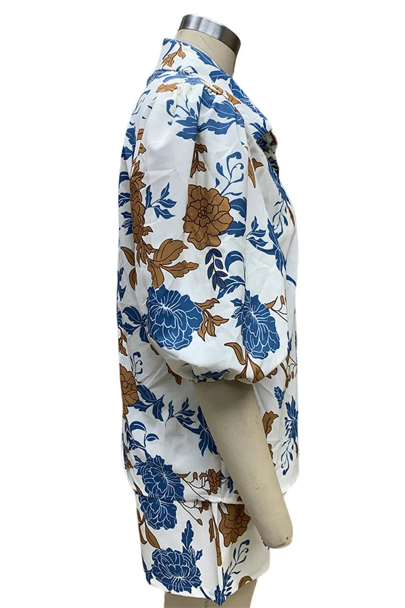 Casual Floral Pocket Turndown Collar Short Sleeve Three Pieces