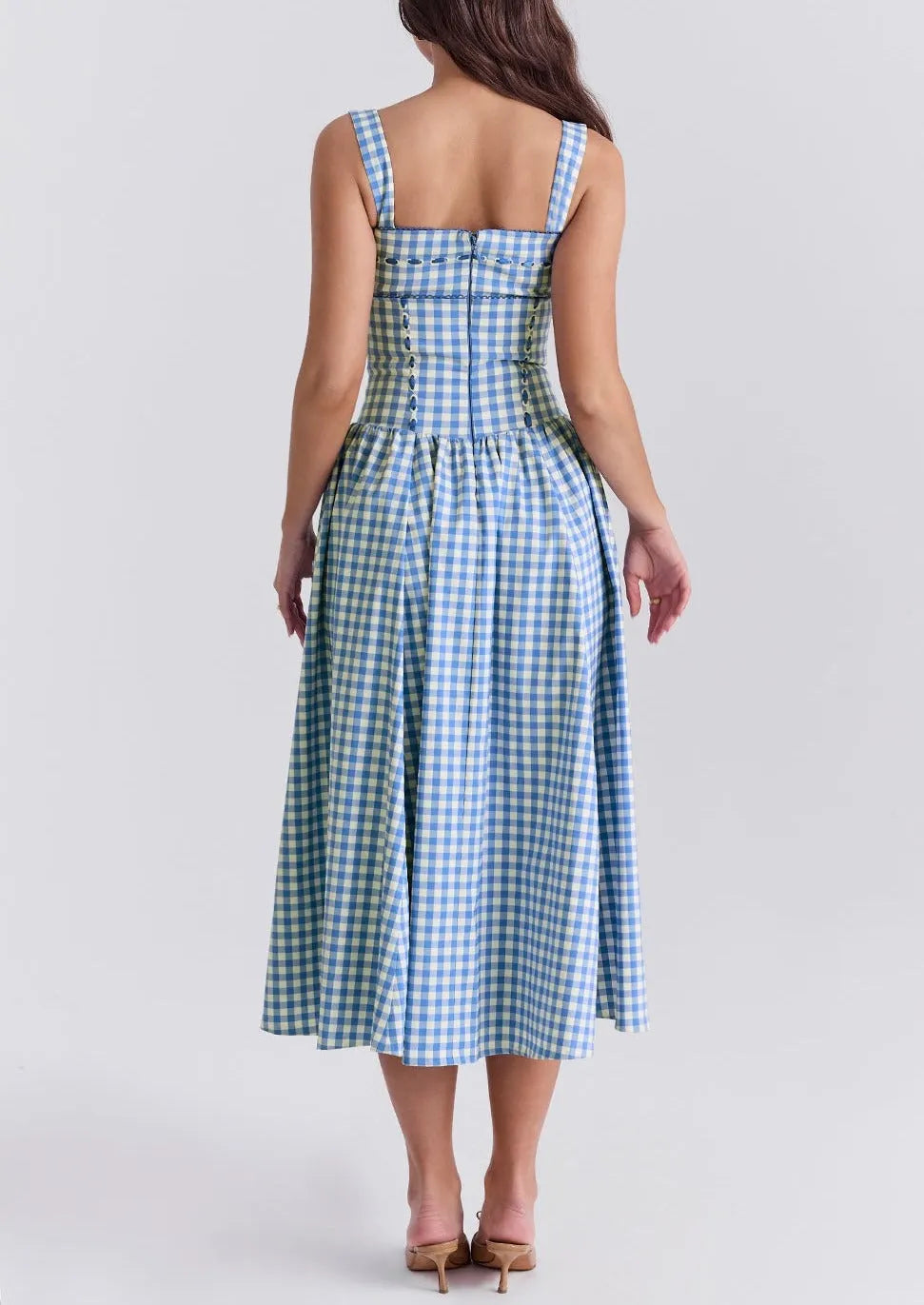 Gingham Kleid – Eckiger Ausschnitt, Knopfdetails
