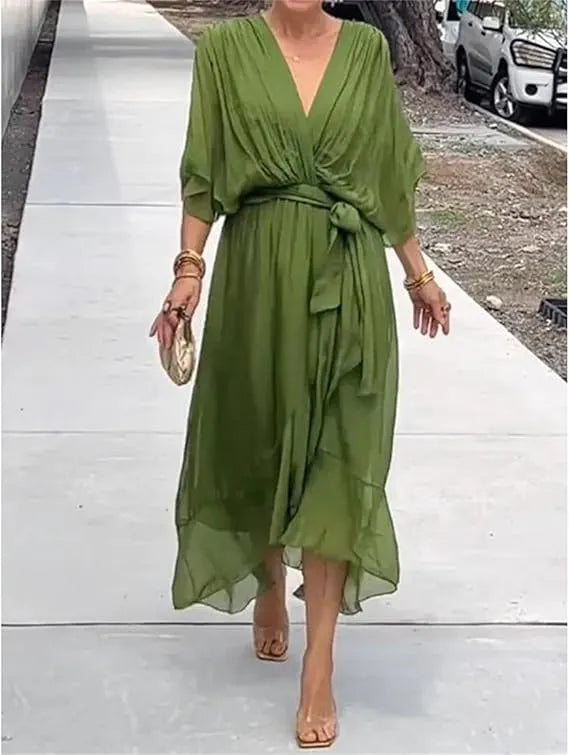 Damen-Chiffonkleid mit V-Ausschnitt, BindegÃ¼rtel und asymmetrischem Saum