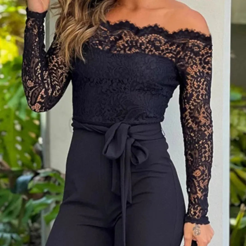 Lace strapless jumpsuit with long sleeves