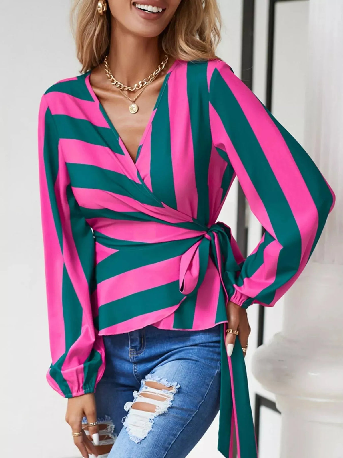 Striped Wrap Blouse with Tie Detail