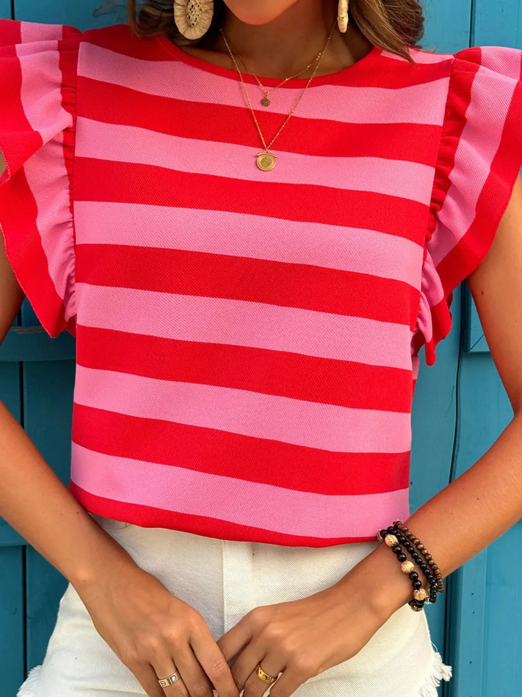 Contrast Striped Ruffle Sleeve T-Shirt