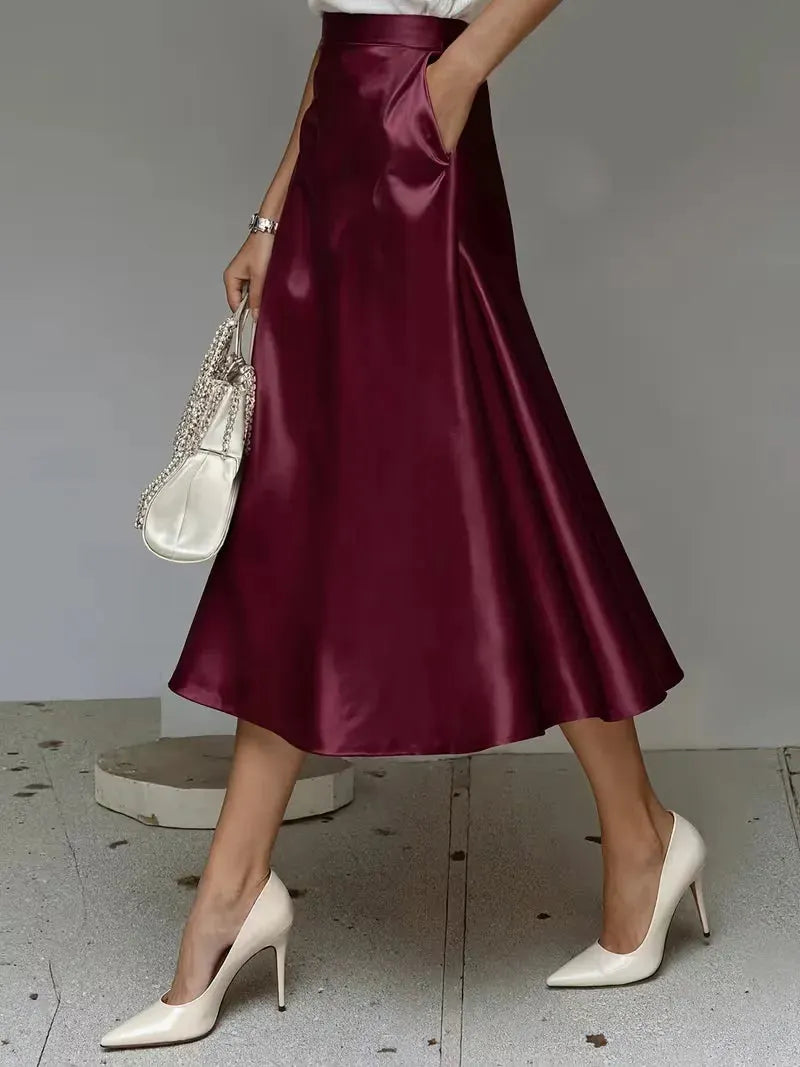 Satin Skirt for Women with High Waist and Midi Length