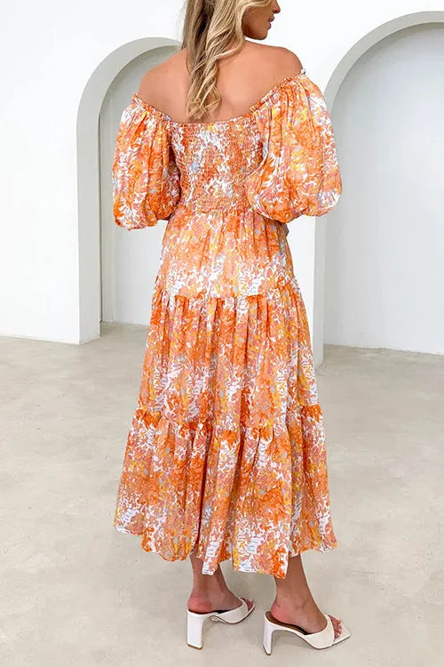 Off Shoulder Puff Sleeves Tiered Printed Midi Holiday Dress
