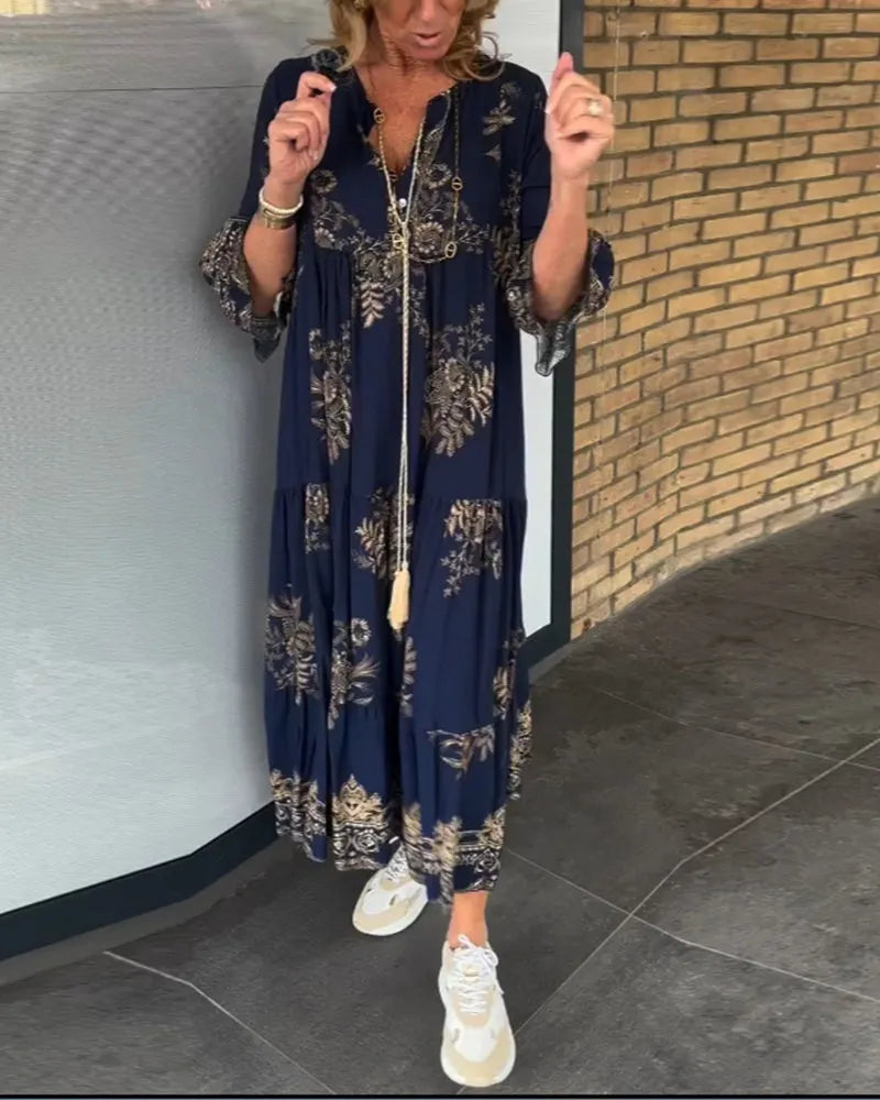 Nerea - Ny Vintage løs V-hals kjole