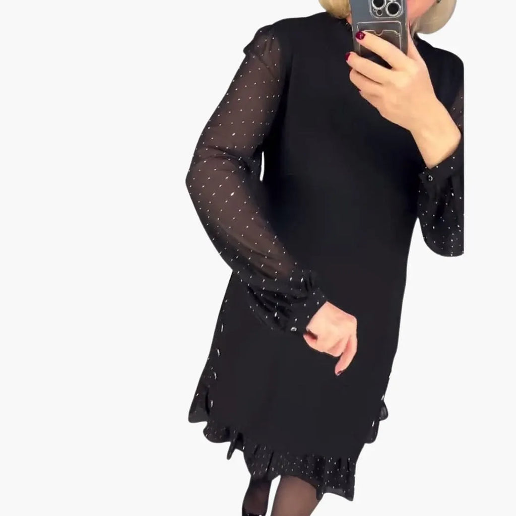 Women's Knee-Length Dress with Sheer Sleeves and Ruffle Hem