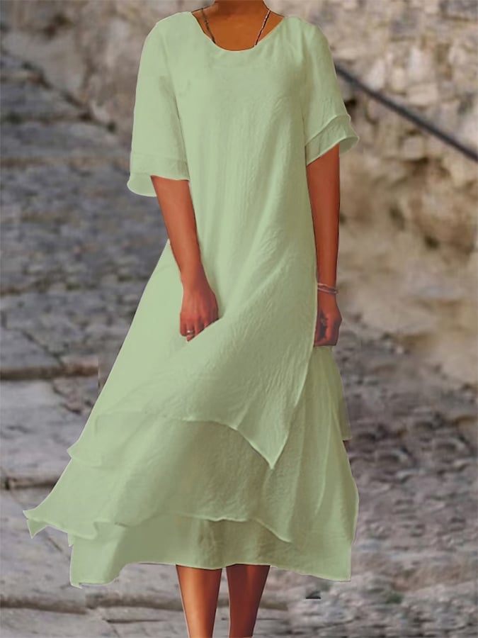 Polyester Cotton Double-Layer Color-Block Slit Short-Sleeved Round Neck Dress