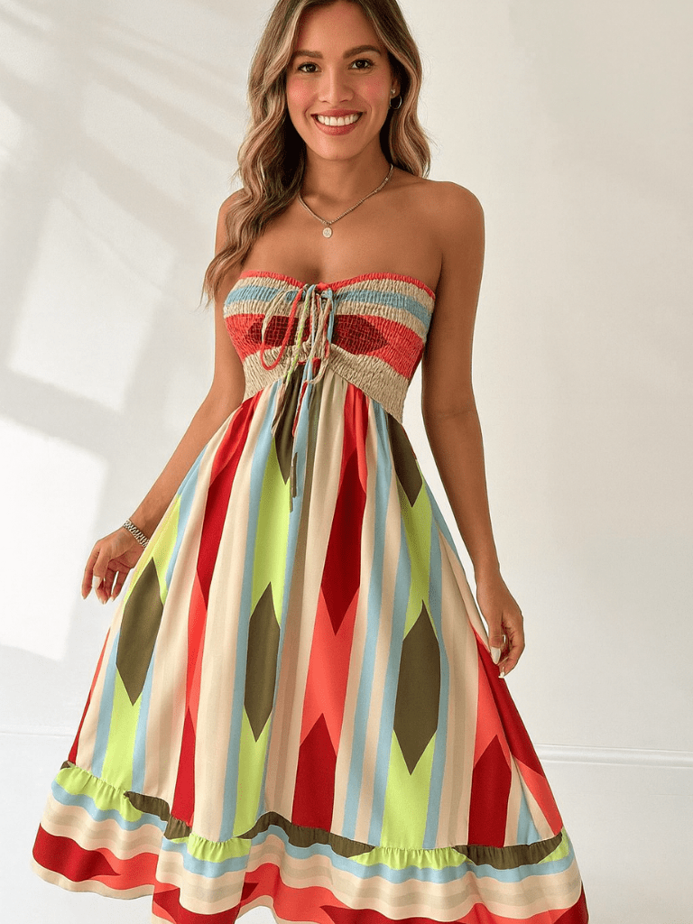 Vestido Longo GeomÃ©trico Multicolorido Bandeau