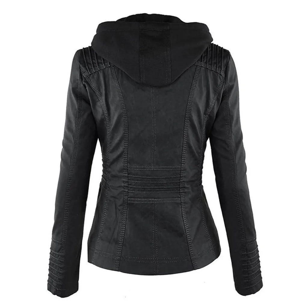 - Damen Lederjacke mit Kapuze