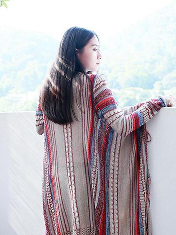 Ethnic Bohemian Striped Long Sleeve Tassel Knitted Cardigan Sweater