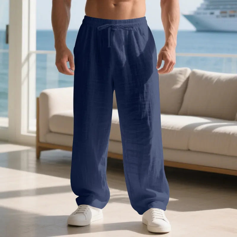 Herren lockere Sommerhose aus leichtem Leinenmaterial mit elastischem Bund und Seitentaschen
