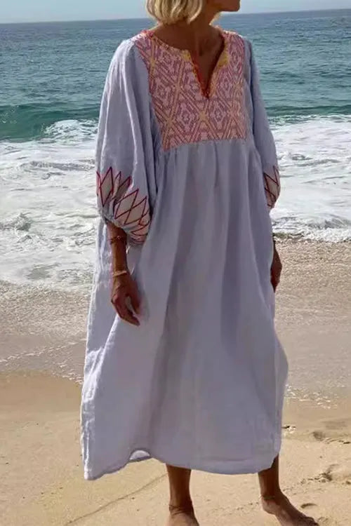 3/4 Balloon Sleeves Bohe Printed Caftan Midi Vacation Dress