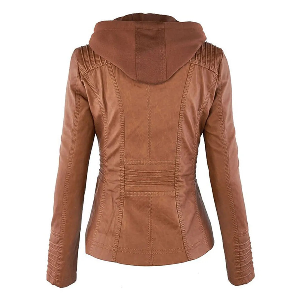 - Damen Lederjacke mit Kapuze