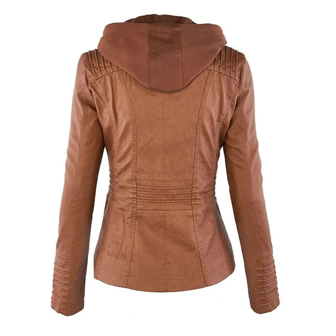 - Damen Lederjacke mit Kapuze