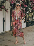Althea | Short Sleeve V Neck Printed Midi Dress