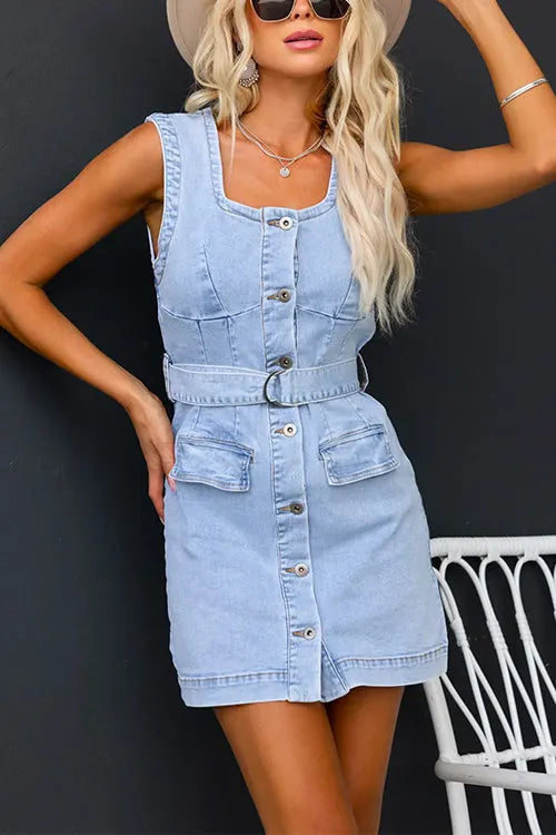 Sleeveless Button Down Belted Denim Mini Dress