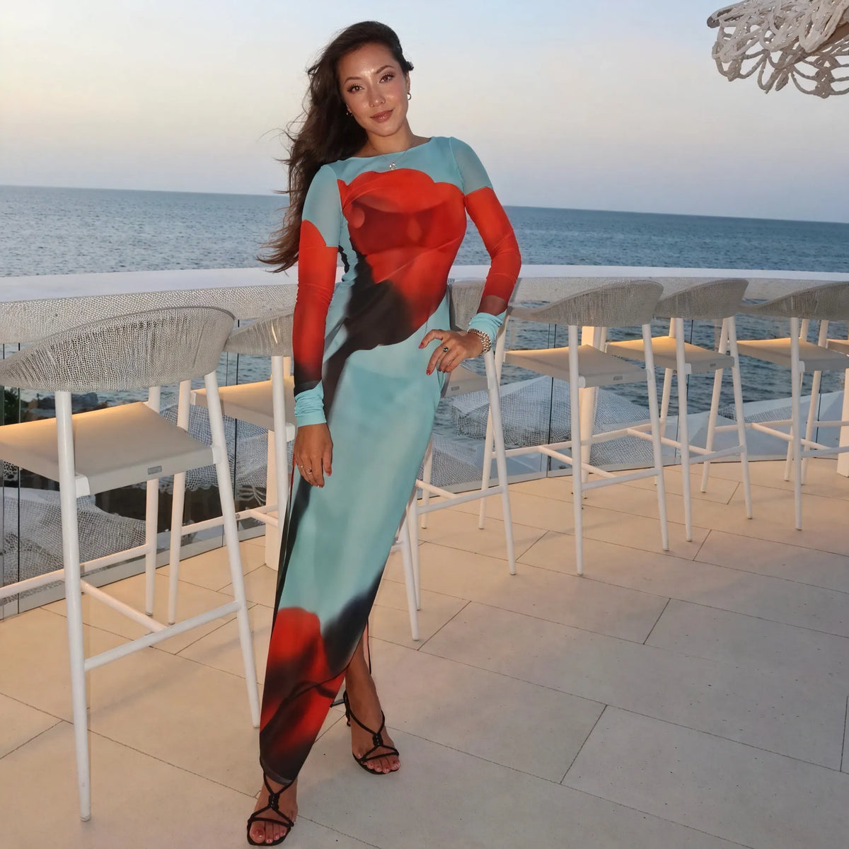 Buntes Langarm Maxikleid – Gemusterter Print