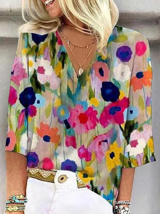 KurzÃ¤rmlige Farbenfrohe Blumenbluse mit V-Ausschnitt