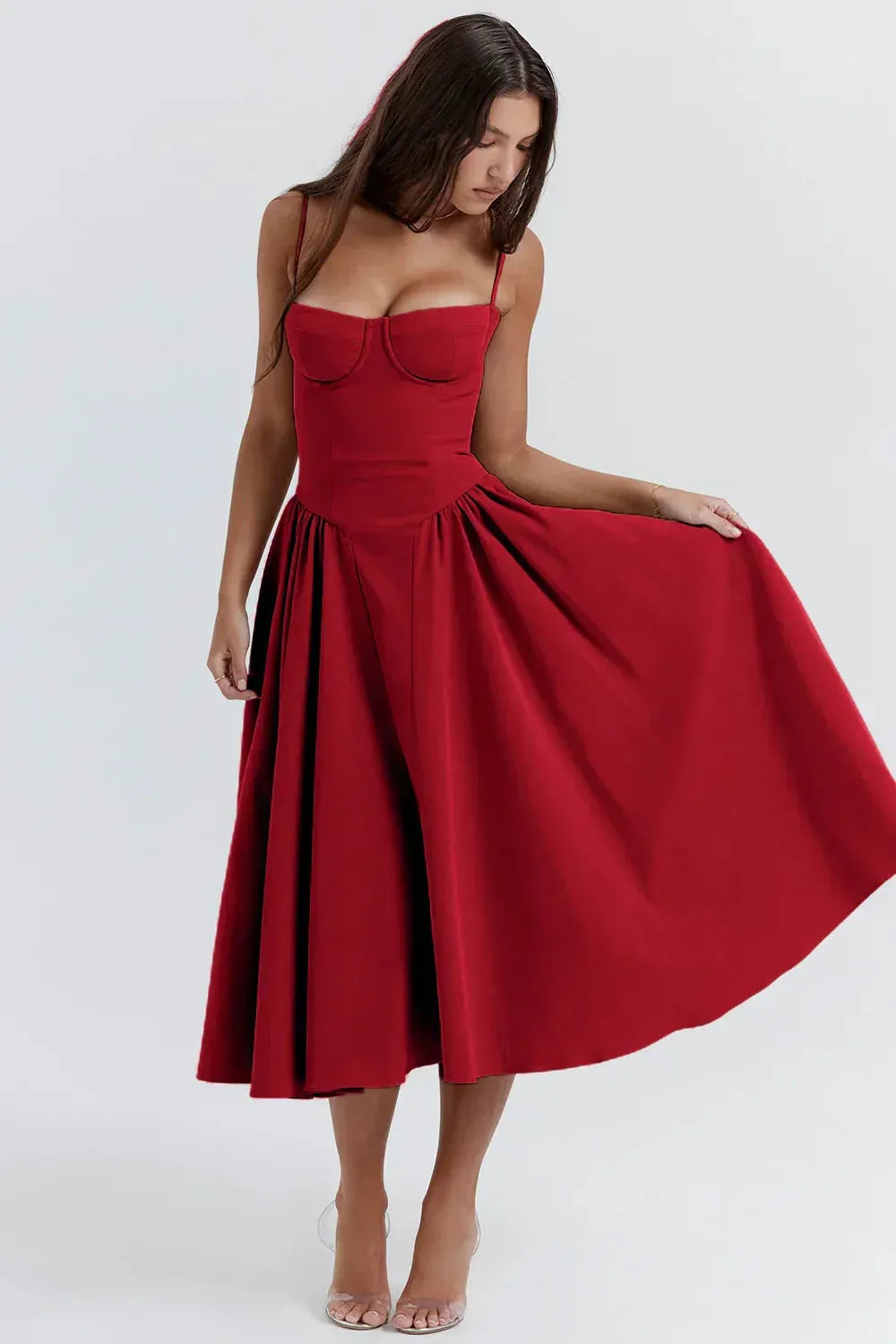 Midi-Kleid mit Spaghettiträgern & plissiertem Rock