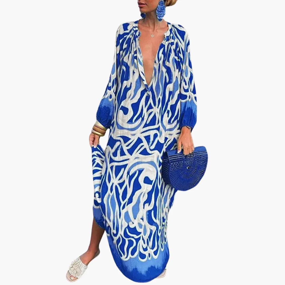 Womenâ€™s Maxi Dress with Deep Vâ€‘Neck and Long Sleeves