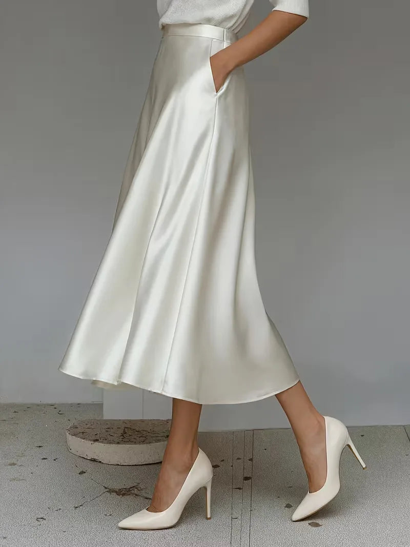 Satin Skirt for Women with High Waist and Midi Length