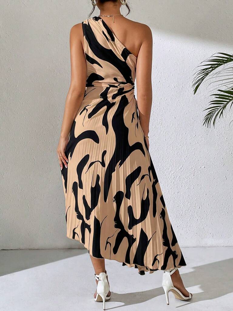 Vestido Midi Marrom com Preto Plissado Taise