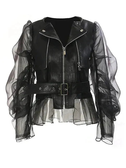 Damen Lederjacke aus PU-Leder mit langen Ärmeln und Reißverschluss
