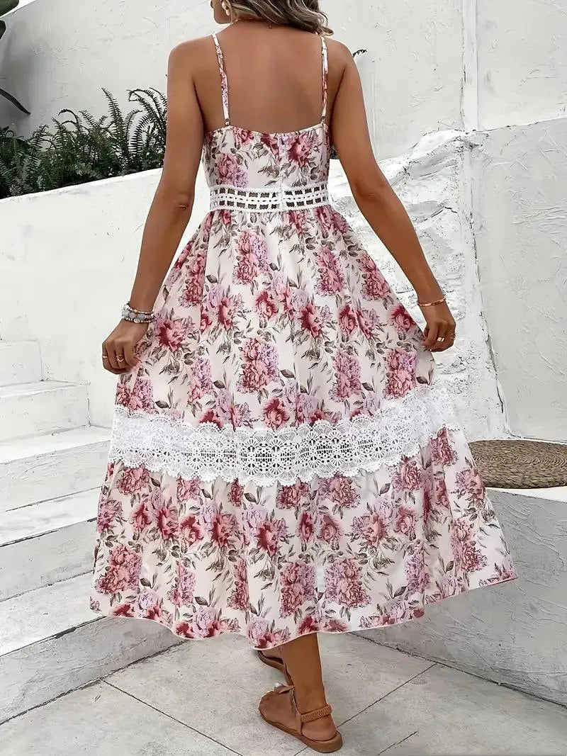 Geblümtes Midi-Kleid mit Spitze