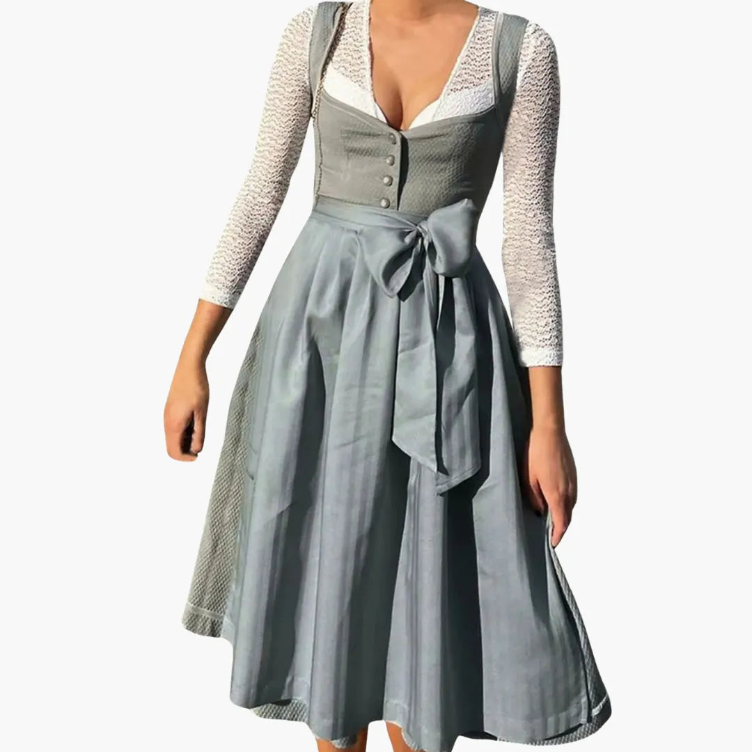 Womenâ€™s Midi Dress with Buttoned Bodice and Bow Waist